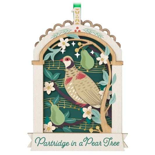 Twelve Days of Christmas Papercraft — Hallmark Keepsake Christmas Ornament featuring a partridge and pear scene in a wooden frame, close-up view.