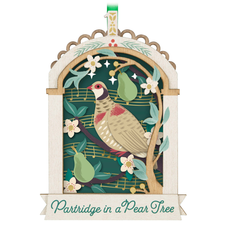 Twelve Days of Christmas Papercraft — Hallmark Keepsake Christmas Ornament featuring a partridge and pear scene in a wooden frame, close-up view.