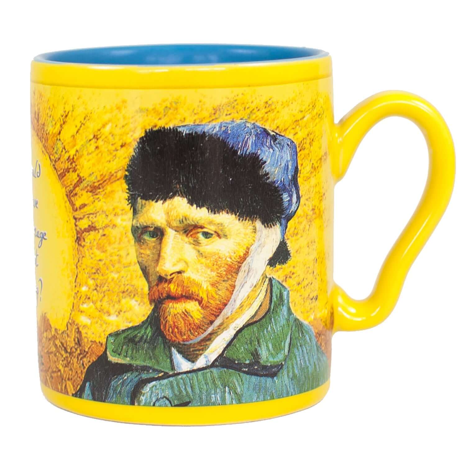Unemployed Philosophers Guild - Van Gogh Mug in bright yellow featuring Van Gogh's self-portrait, ceramic, 10 oz, close-up view.