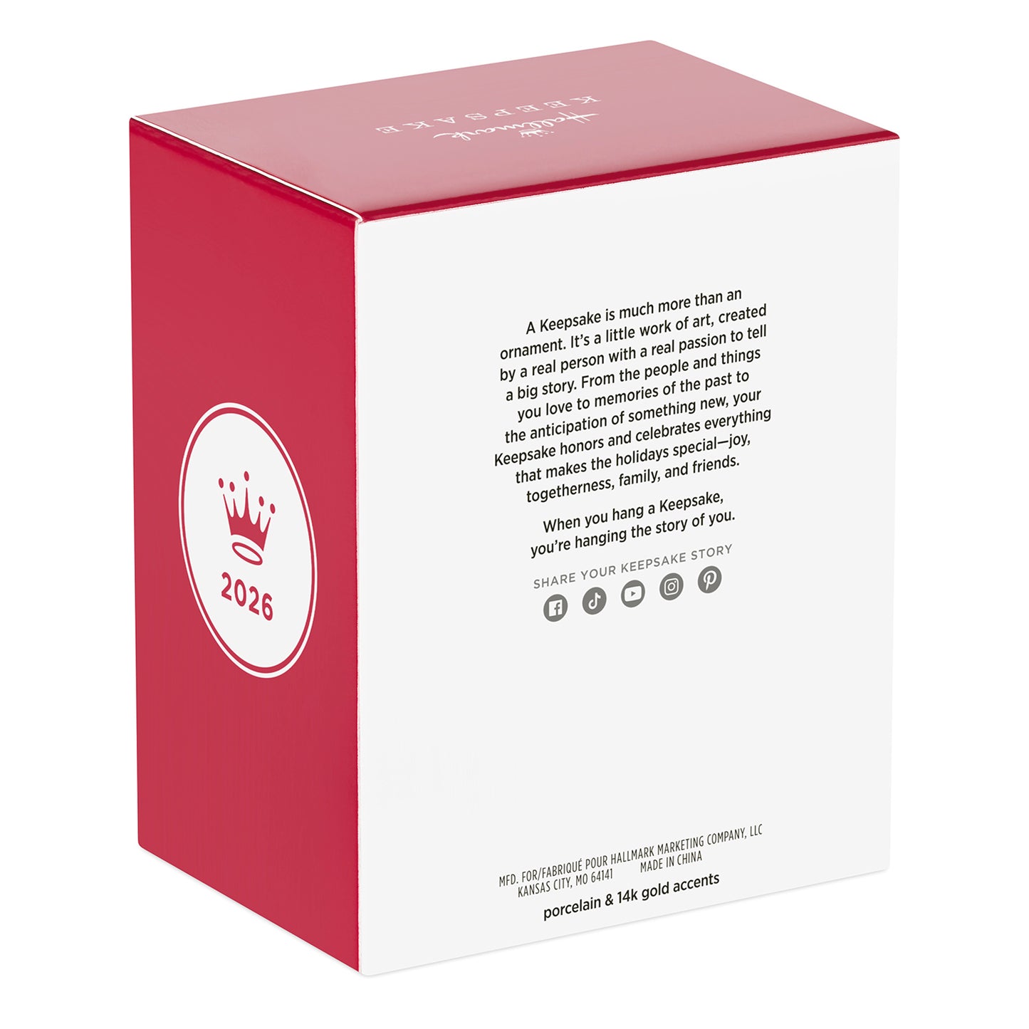 Vintage Santa, Porcelain — 2026 Hallmark Keepsake Christmas Ornament box design with red and white colours and product information.