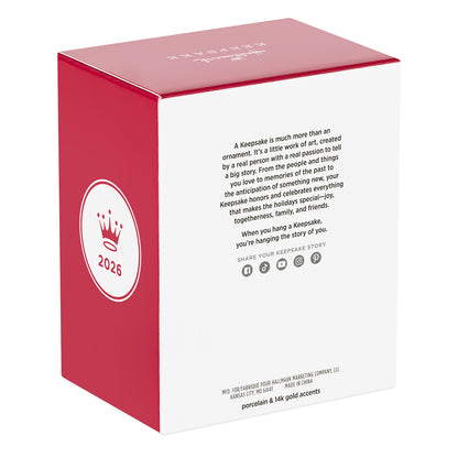 Vintage Santa, Porcelain — 2026 Hallmark Keepsake Christmas Ornament box design with red and white colours and product information.