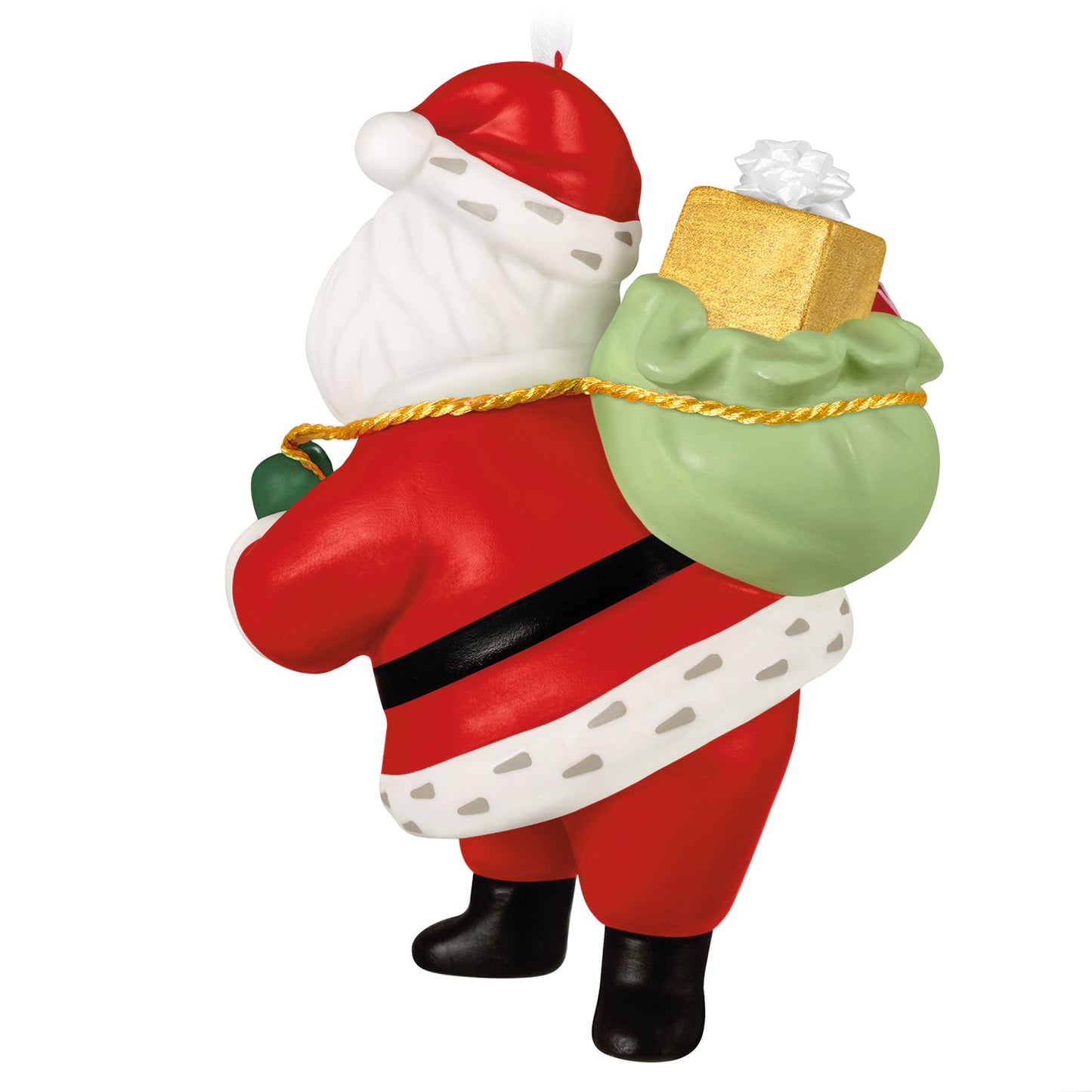Vintage Santa, Porcelain — 2026 Hallmark Keepsake Christmas Ornament, classic red and green design with a gold gift, back view.