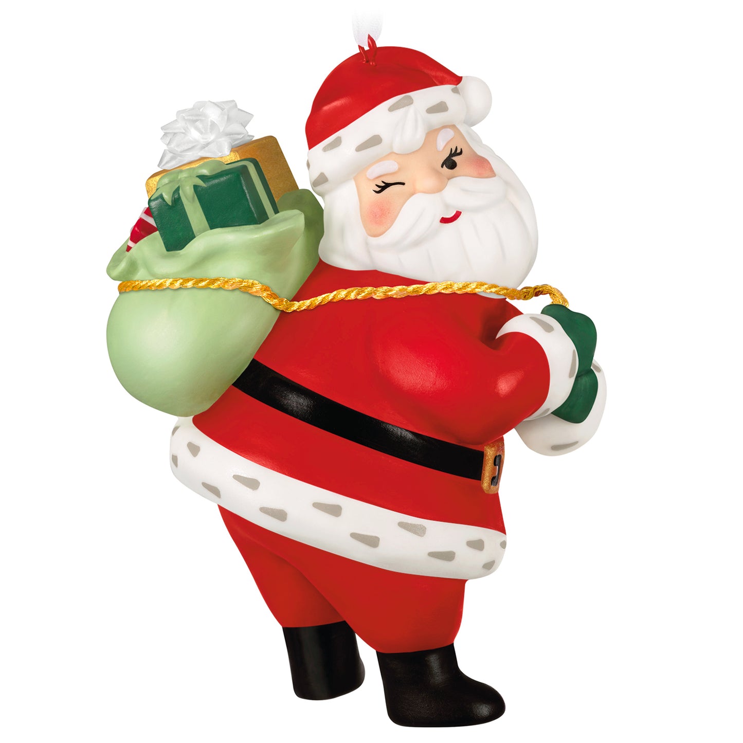 Vintage Santa, Porcelain — 2026 Hallmark Keepsake Christmas Ornament with green toy sack and gifts, side view showcasing festive details.