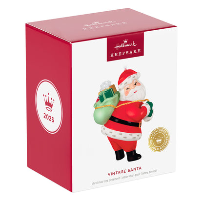Vintage Santa, Porcelain — 2026 Hallmark Keepsake Christmas Ornament in gift box, featuring vibrant colours and gold accents.
