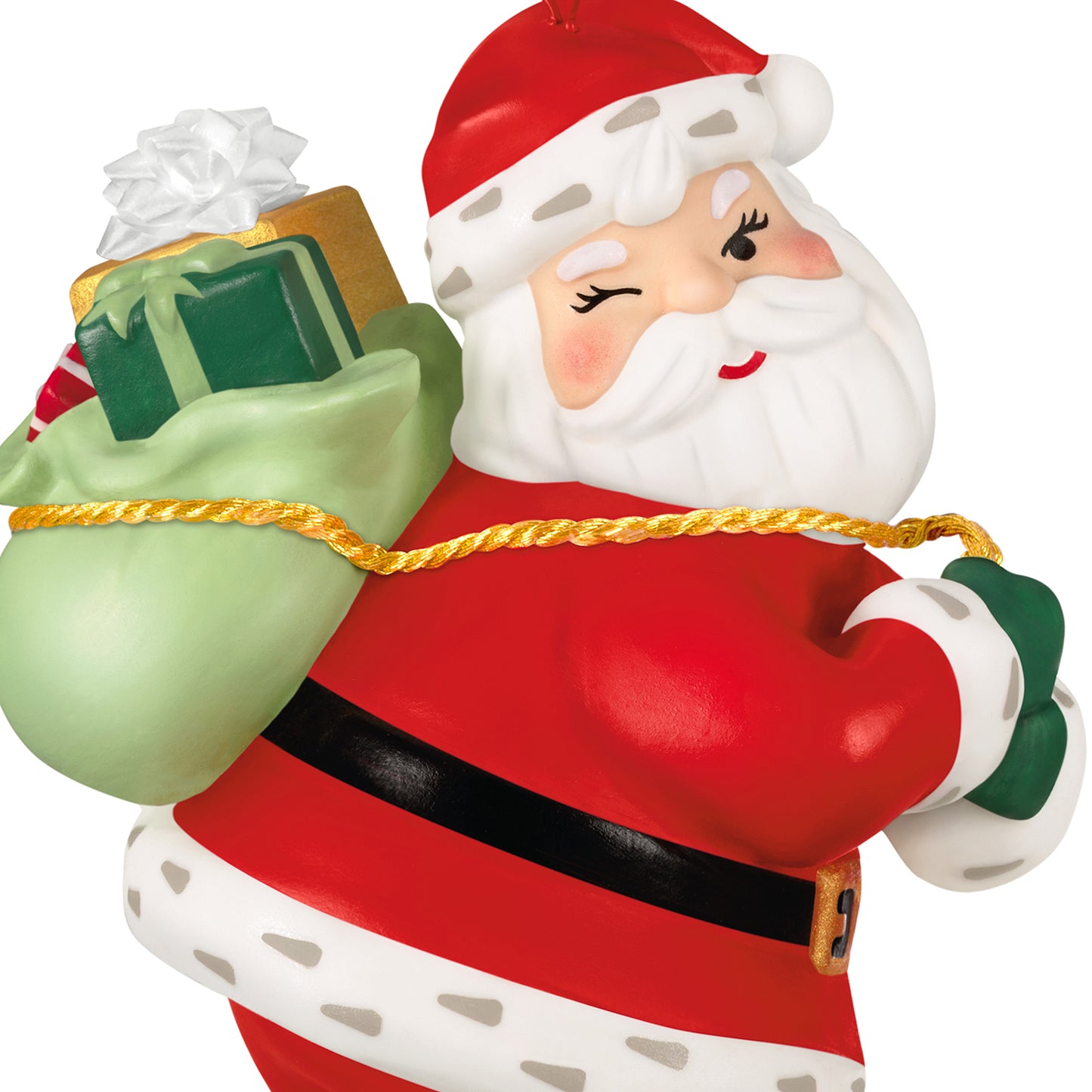 Vintage Santa, Porcelain — 2026 Hallmark Keepsake Christmas Ornament, close up of Santa with green toy sack and gifts.