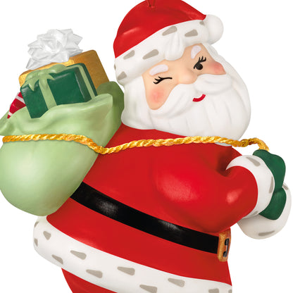 Vintage Santa, Porcelain — 2026 Hallmark Keepsake Christmas Ornament, close up of Santa with green toy sack and gifts.