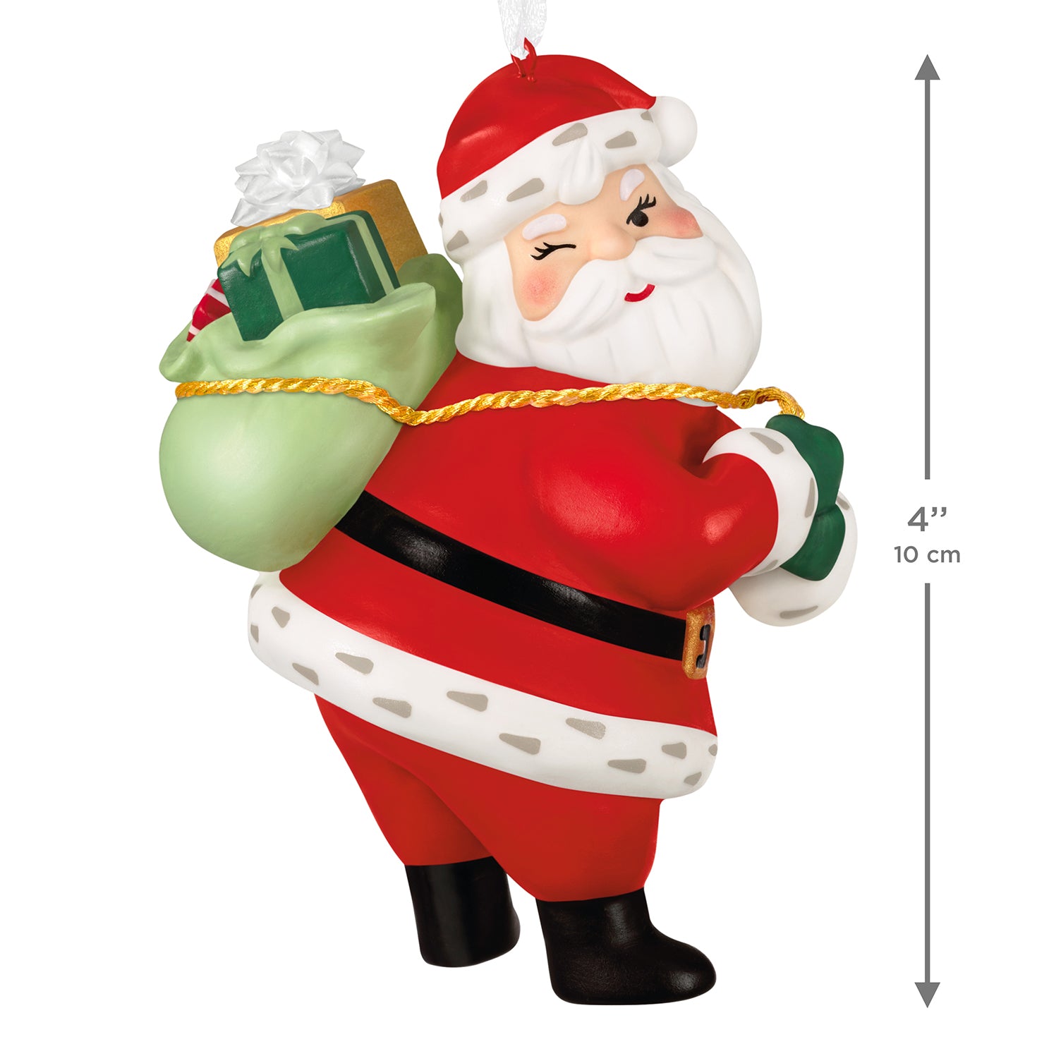 Vintage Santa, Porcelain — 2026 Hallmark Keepsake Christmas Ornament with green toy sack and gifts, 10 cm tall, side view
