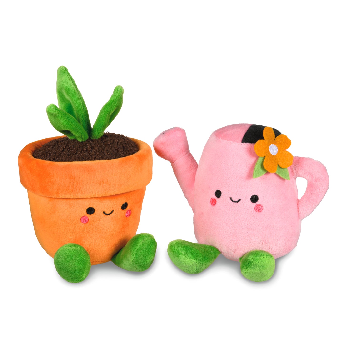 Better Together Watering Can and Plant Magnetic Plush Pair, 4.5" in pink and orange, featuring cute embroidered faces and weighted bottoms.