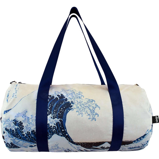 #3^Hokusai The Great Wave - Weekender in a cylindrical shape with navy straps and intricate wave design in blue and white.