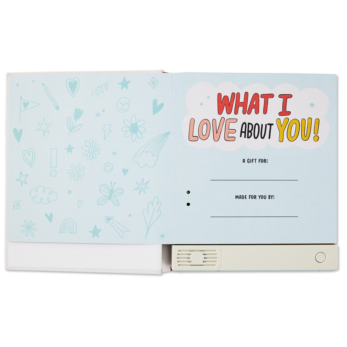 What I Love About You! A Color-Your-Own Recordable Storybook opened view with prompted pages and illustration details.