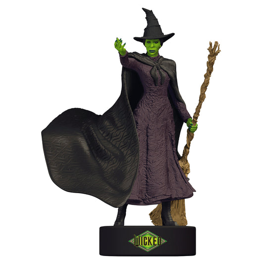 Wicked Defying Gravity With Sound — 2026 Hallmark Keepsake Christmas Ornament, green Wicked Witch of Oz figure with broom and cape, detailed design.