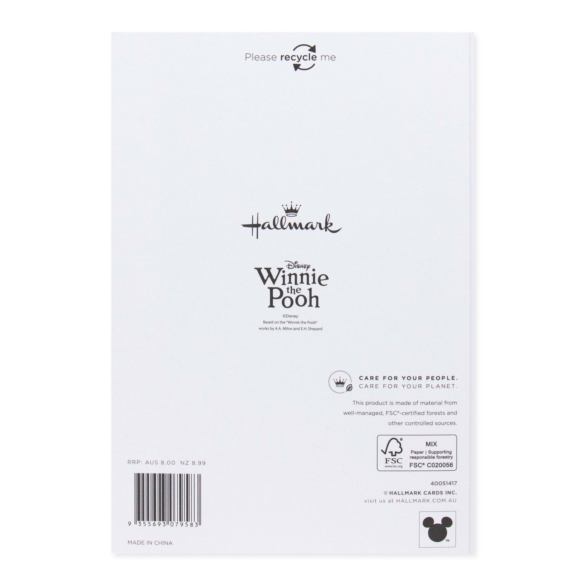 Hallmark Disney Winnie the Pooh Mother's Day Card - Sending Hugs back cover with recycling message and brand logos