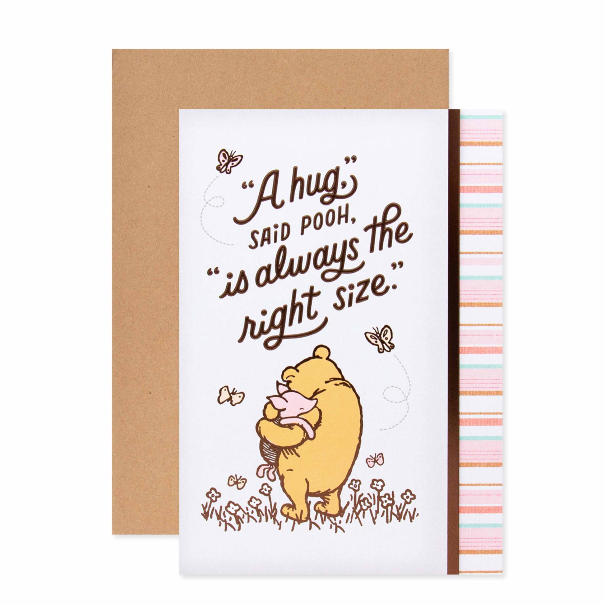 Hallmark Disney Winnie the Pooh Mother's Day Card - Sending Hugs with Pooh hugging Piglet, featuring bronze foil highlights and floral details.