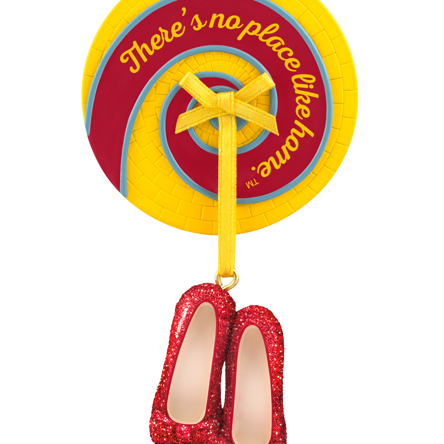The Wizard of Oz™ Ruby Slippers — 2026 Hallmark Keepsake Christmas Ornament hangs from a yellow ribbon with a medallion detail.