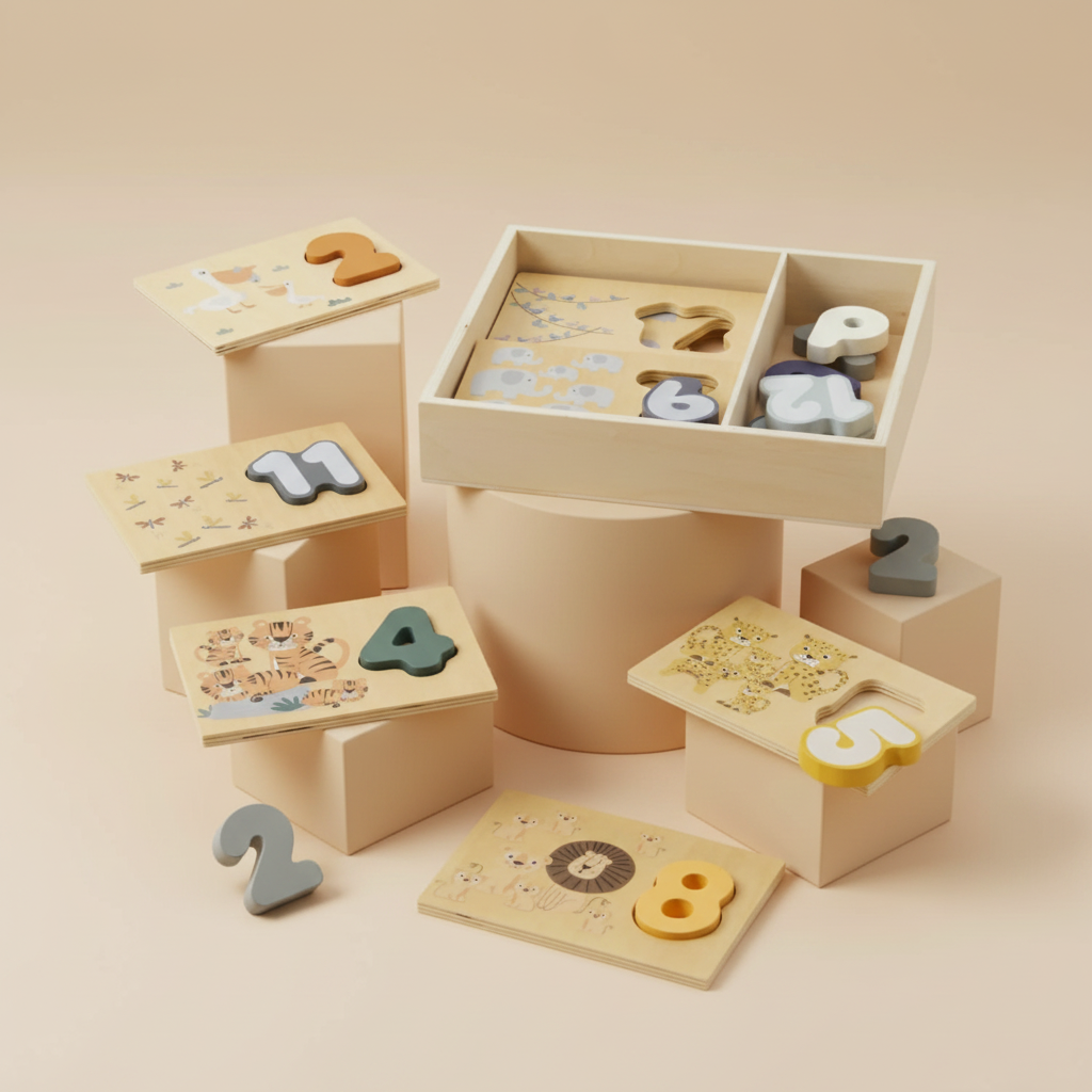 A wooden number and shape-sorting toy set arranged on a white background, including several illustrated cards, loose number pieces, and a divided wooden box containing matching shapes.