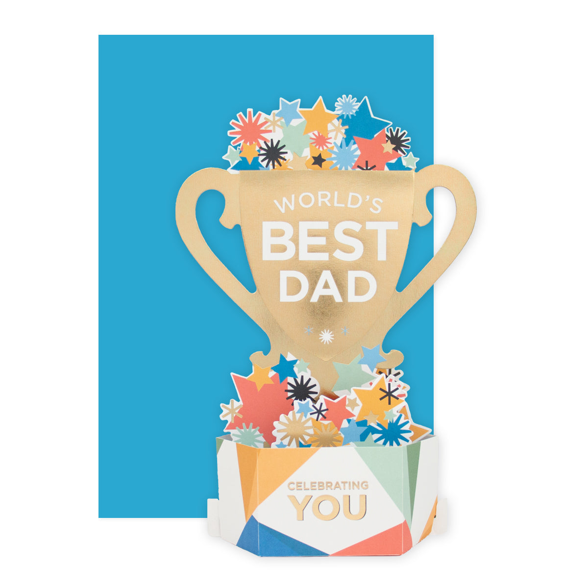 Hallmark Father's Day Card - World's Best Dad (Pop-Up Paper Wonder) featuring a trophy design with colourful flowers and a blue background.