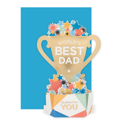 Hallmark Father's Day Card - World's Best Dad (Pop-Up Paper Wonder) featuring a trophy design with colourful flowers and a blue background.