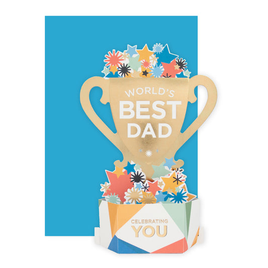 Hallmark Father's Day Card - World's Best Dad (Pop-Up Paper Wonder) featuring a trophy design with colourful flowers and a blue background.
