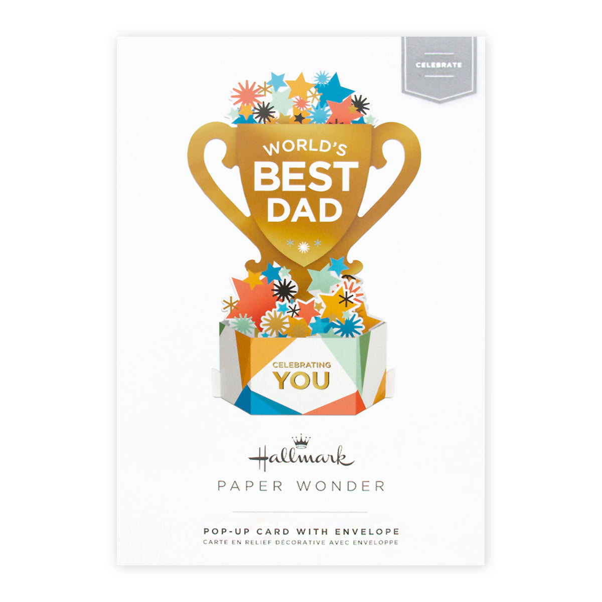 Hallmark Father's Day card - World's Best Dad (Pop-Up Paper Wonder) featuring trophy design with colourful paper decorations, flat lay view.