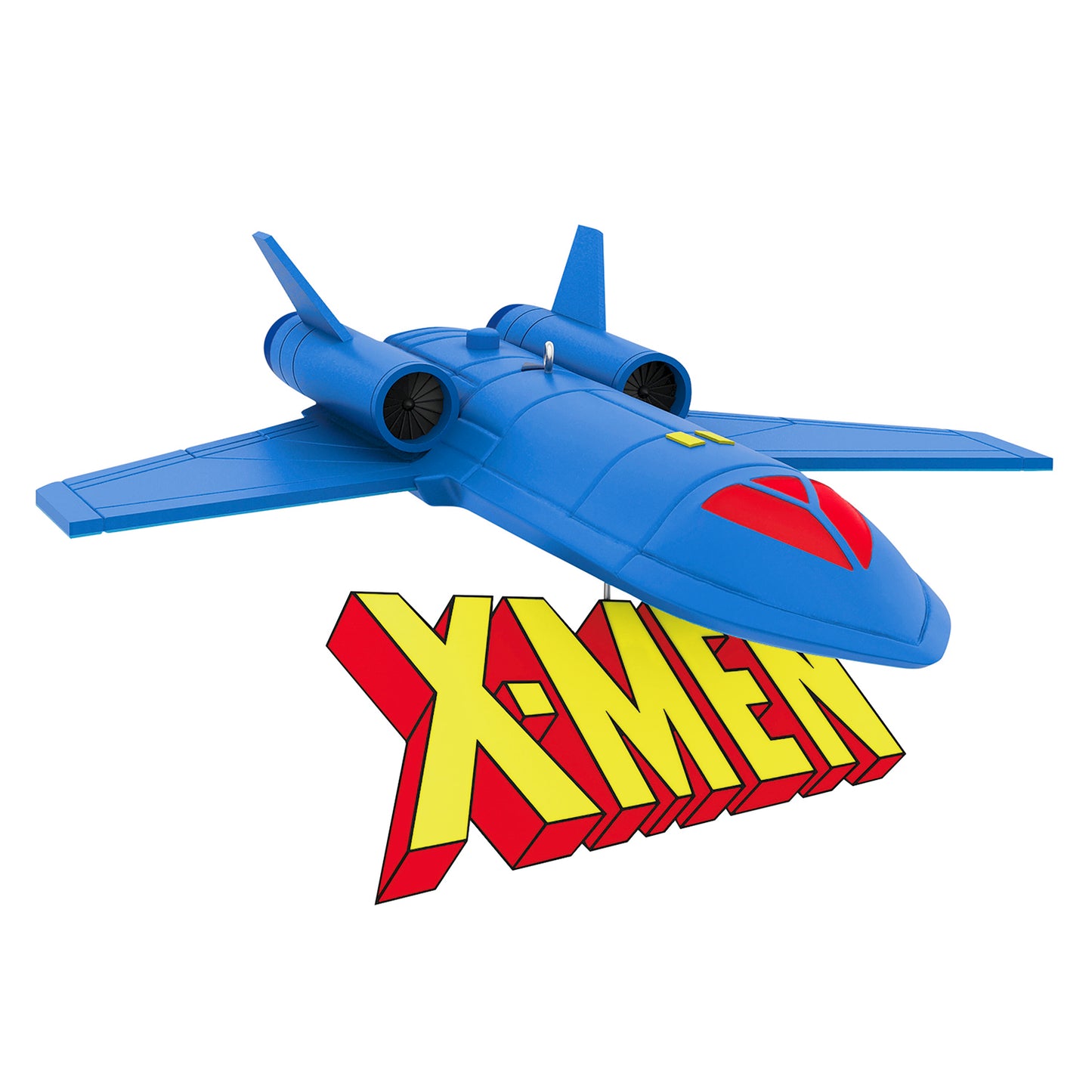 Marvel Studios X-Men ’97 The Blackbird With Sound — 2026 Hallmark Keepsake Christmas Ornament in vibrant blue, angled view highlighting the X-Men logo.