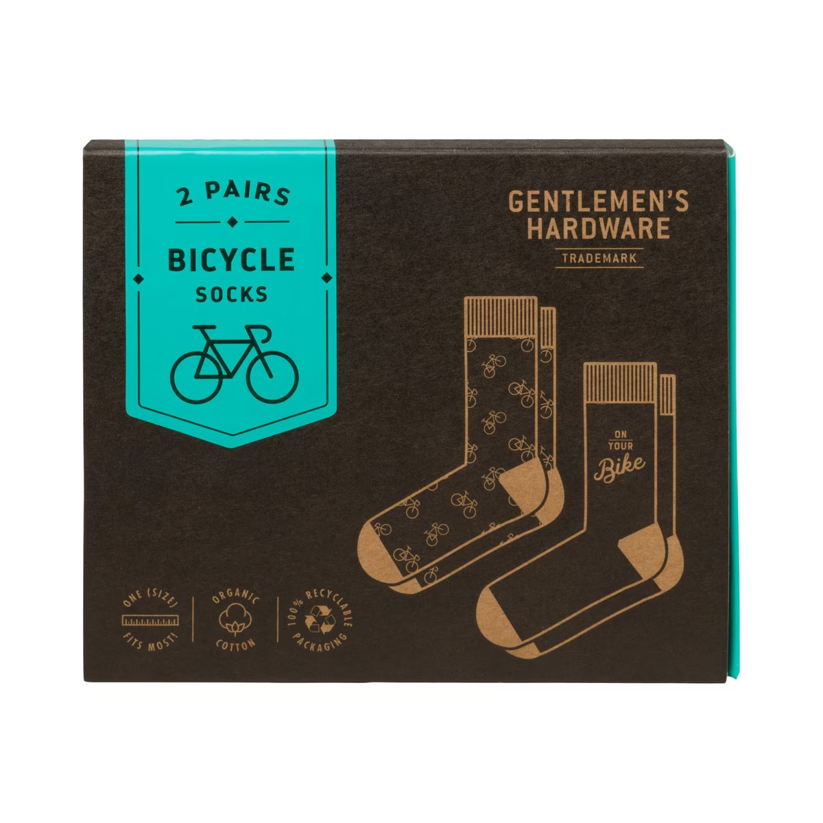 Bicycle socks set featuring two pairs with bicycle graphics, in eco-friendly packaging, ideal for cycling enthusiasts.
