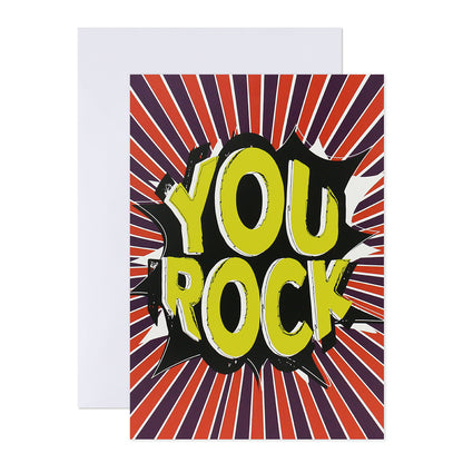 Hallmark Interactive Sound Card- You Rock with bold yellow text, dynamic red and black background, flat lay view.