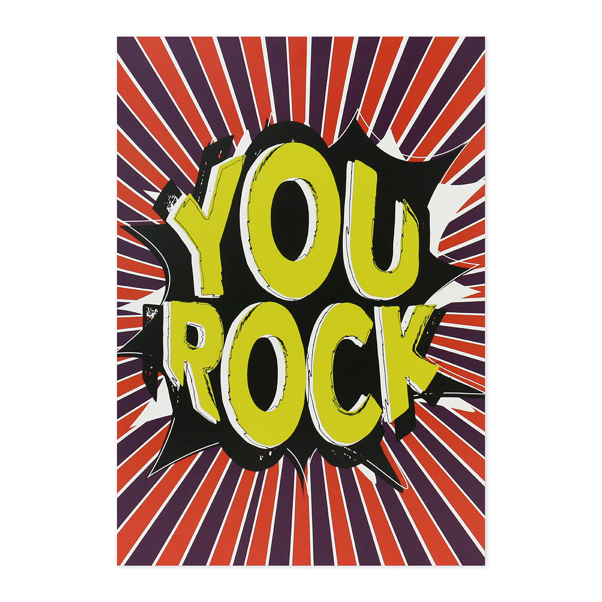 Hallmark Interactive Sound Card- You Rock features bold lettering on a vibrant comic-style background, ideal for celebrating someone special.