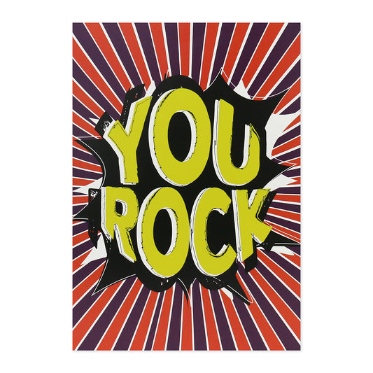 Hallmark Interactive Sound Card- You Rock features bold lettering on a vibrant comic-style background, ideal for celebrating someone special.