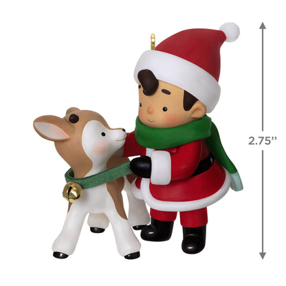 Young Santa, 4th in the Series — 2025 Hallmark Keepsake Christmas Ornament features a young Santa with a reindeer, 7cm tall, detailed expression.