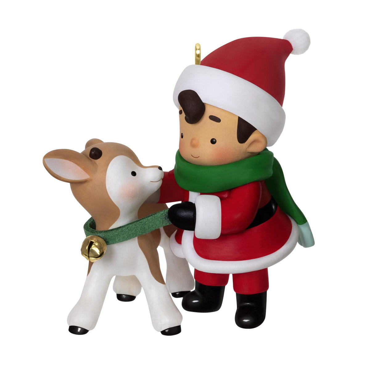 Young Santa, 4th in the Series — 2025 Hallmark Keepsake Christmas Ornament, child Santa in red and green outfit, close up with young reindeer.