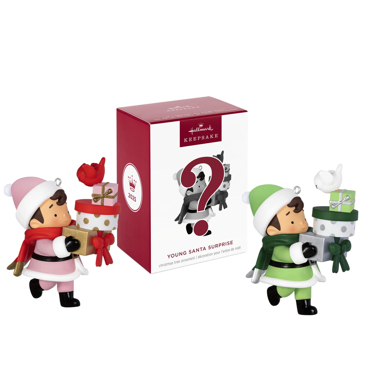 2025 Young Santa Surprise Box — 2025 Hallmark Keepsake Christmas Ornament with two figures in festive outfits and surprise packaging.