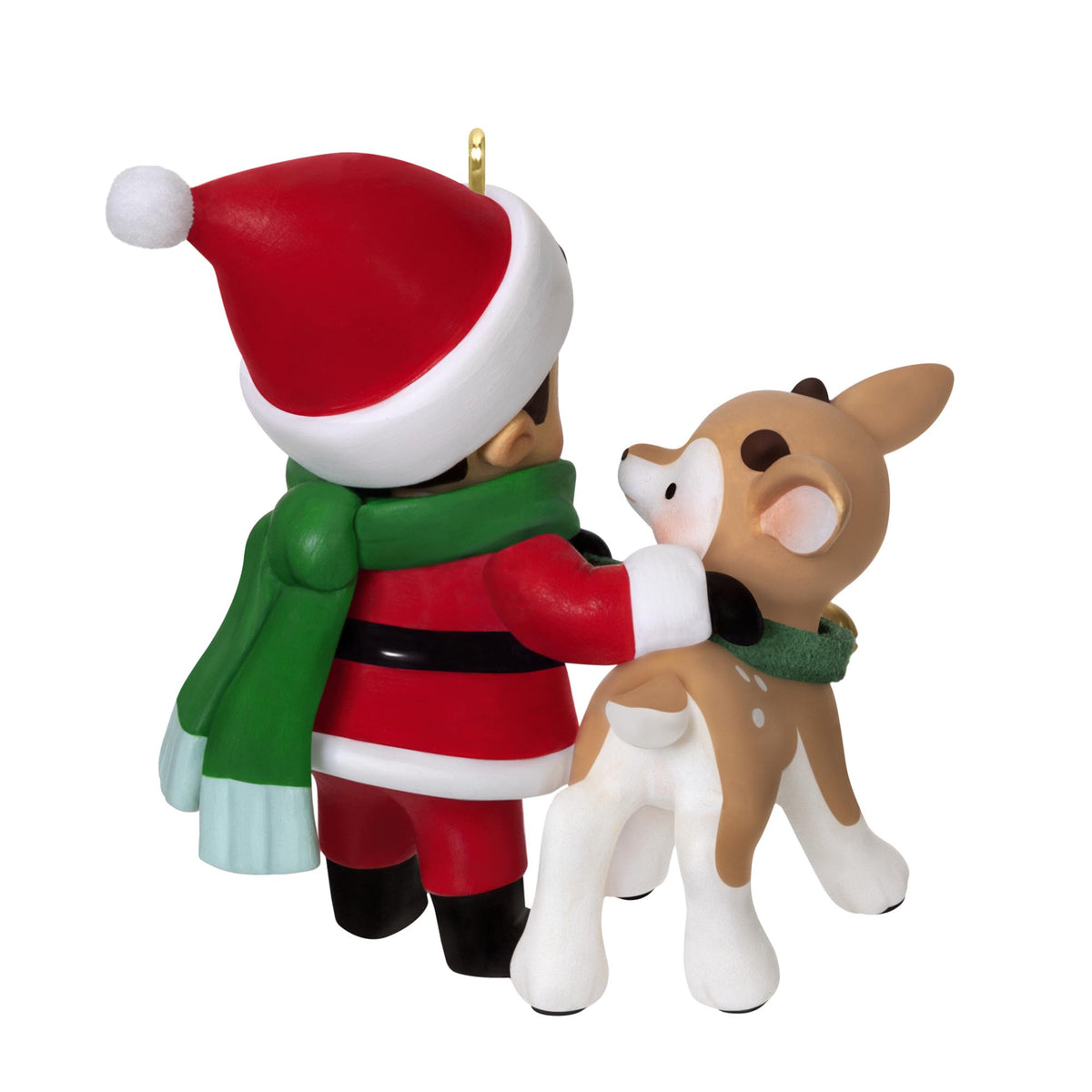 Young Santa, 4th in the Series — 2025 Hallmark Keepsake Christmas Ornament featuring Santa in a red outfit with a green scarf, petting a young reindeer.
