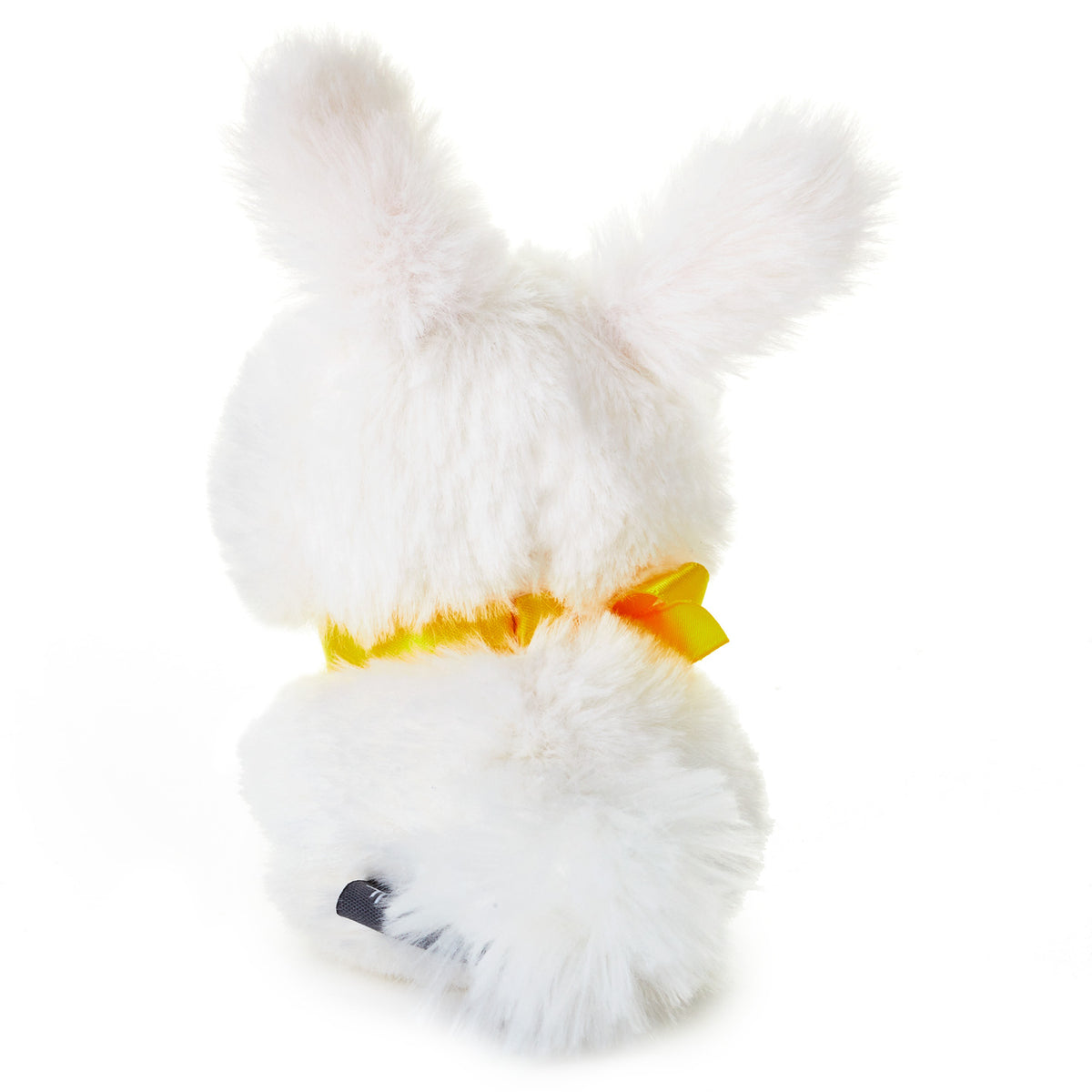 Hallmark Zip-a-Long Bunny Stuffed Animal, white plush, fluffy back view with yellow satin ribbon, soft texture