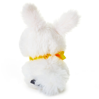 Hallmark Zip-a-Long Bunny Stuffed Animal, white plush, fluffy back view with yellow satin ribbon, soft texture