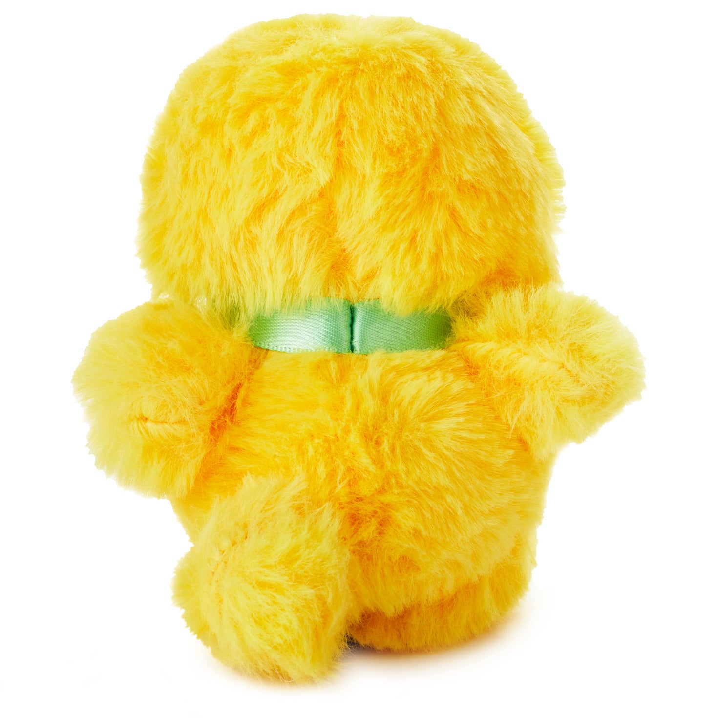 Zip-a-Long Chick Stuffed Animal, soft yellow plush toy with mint green satin ribbon, back view detailing, 15 cm.