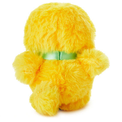 Zip-a-Long Chick Stuffed Animal, soft yellow plush toy with mint green satin ribbon, back view detailing, 15 cm.