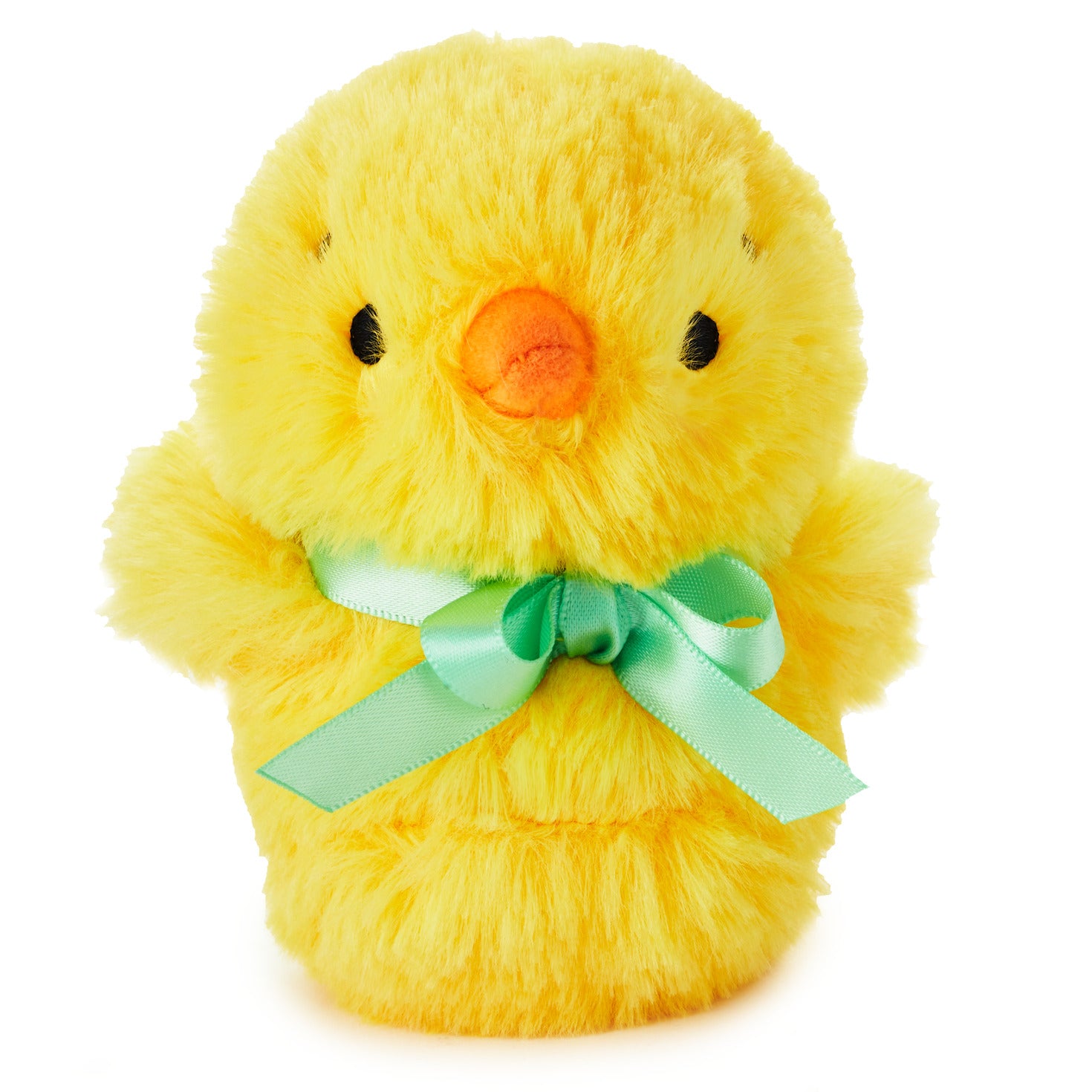 Zip-a-Long Chick Stuffed Animal, yellow plush fabric, wearing a mint green ribbon, front view, perfect for Easter gifts.