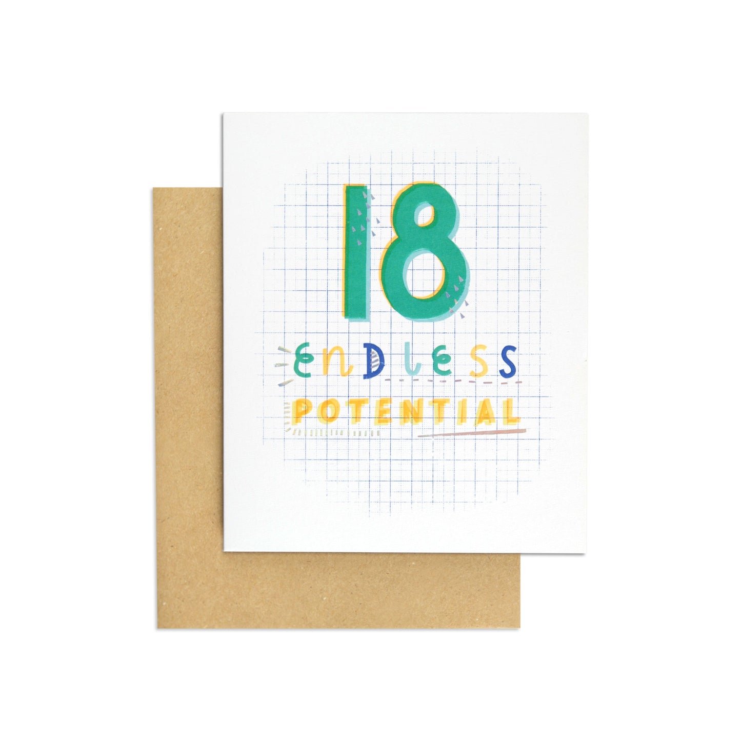 Endless potential encouraging 18th birthday card featuring embossed text and a grid background, with a kraft envelope.