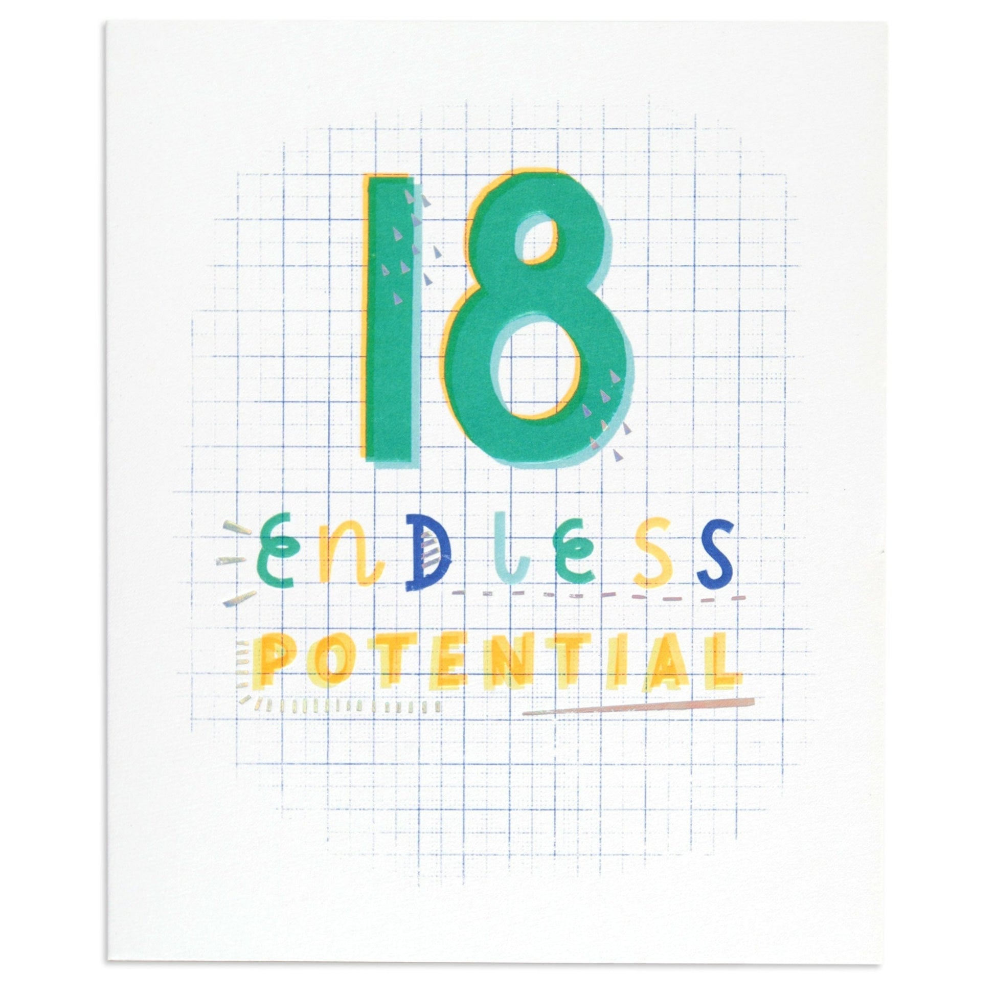 Endless Potential Encouraging 18th Birthday Card with colourful embossed text on a grid background, front view.