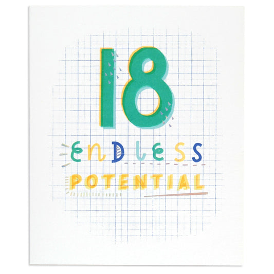 Endless Potential Encouraging 18th Birthday Card with colourful embossed text on a grid background, front view.