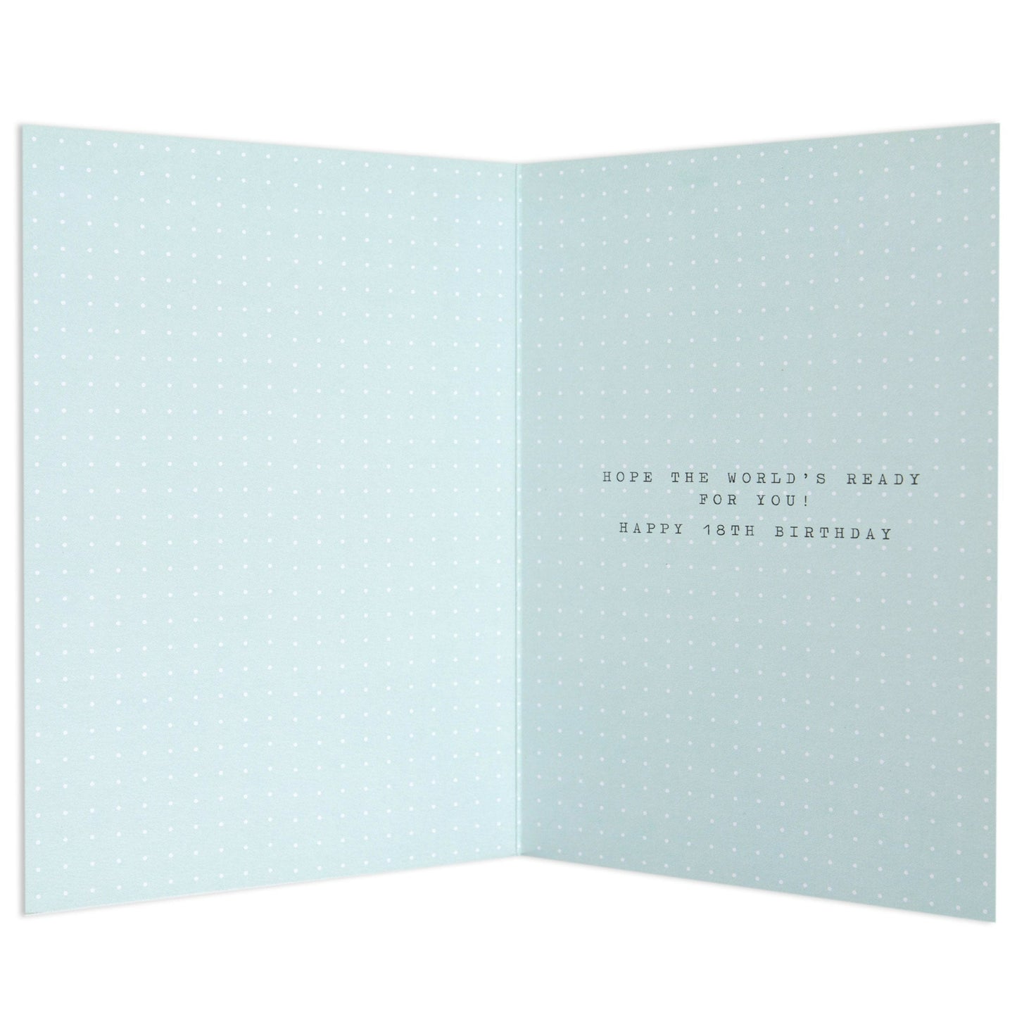 Contemporary Polaroid Balloon 18th Birthday Card interior, pastel blue with white polka dots, featuring birthday greeting text.