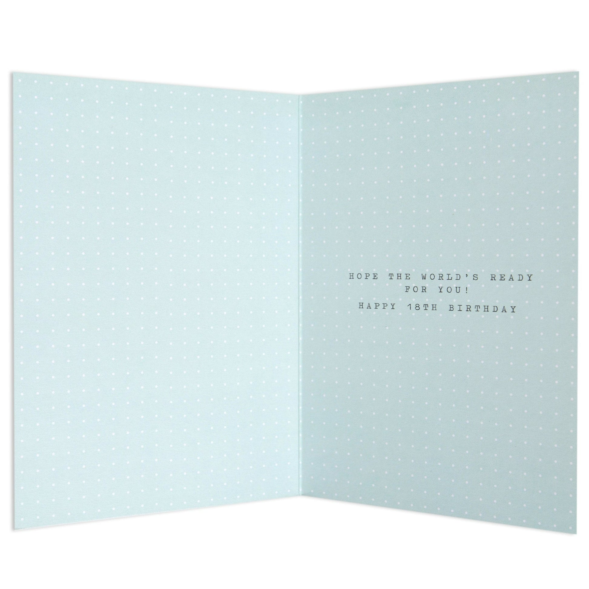 Contemporary Polaroid Balloon 18th Birthday Card interior, pastel blue with white polka dots, featuring birthday greeting text.