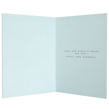 Contemporary Polaroid Balloon 18th Birthday Card interior, pastel blue with white polka dots, featuring birthday greeting text.