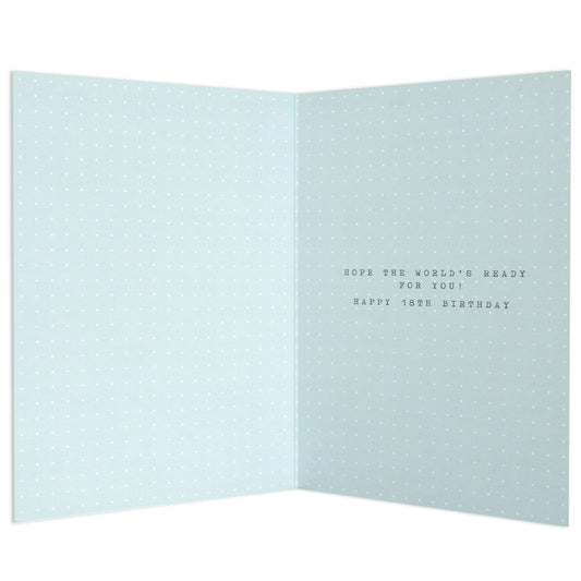 Contemporary Polaroid Balloon 18th Birthday Card interior, pastel blue with white polka dots, featuring birthday greeting text.