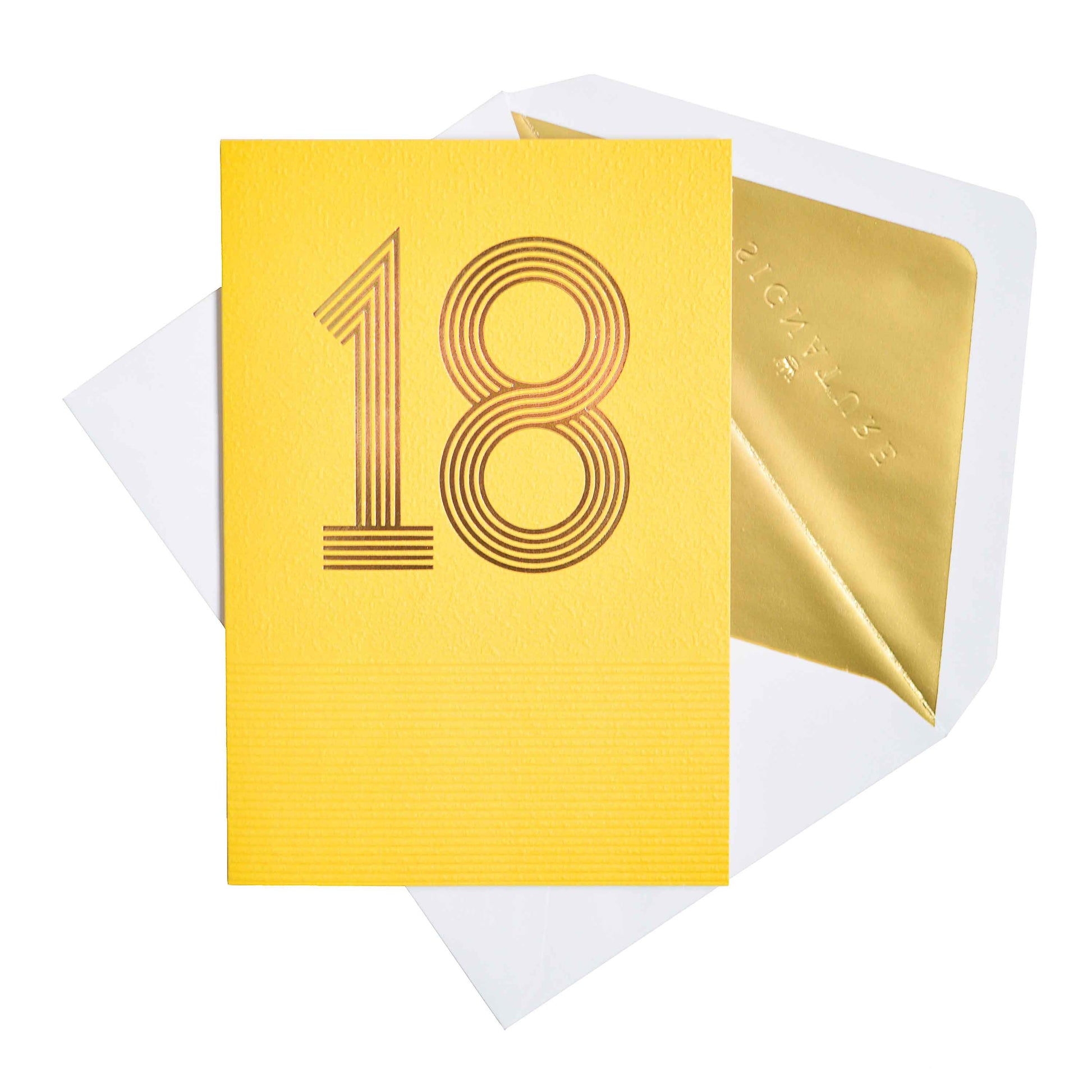 Signature Studio 18th Birthday Card - Wishing You Happiness! in bright yellow with gold foil '18' design, flat lay with gold-lined envelope.