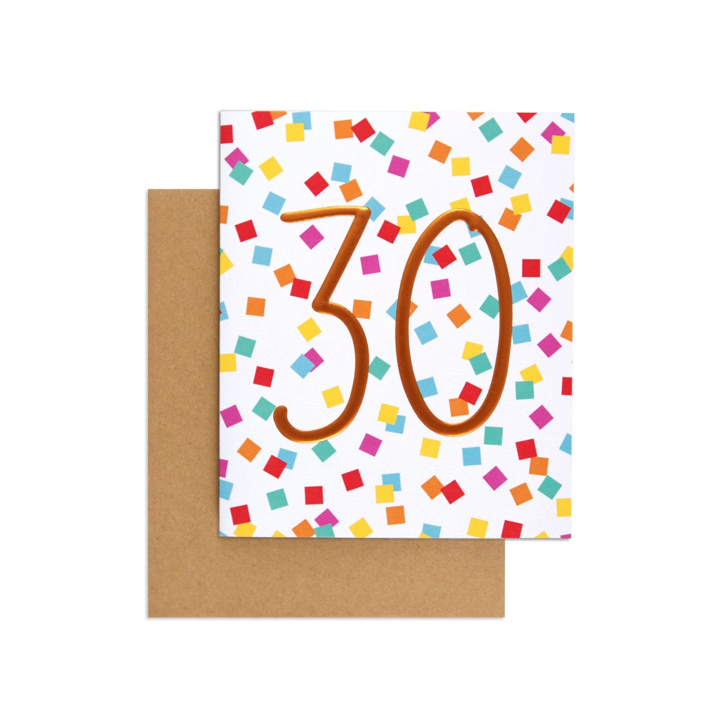 Colourful polka dot contemporary 30th birthday card with confetti design and embossed rose gold text, flat lay view with kraft envelope.