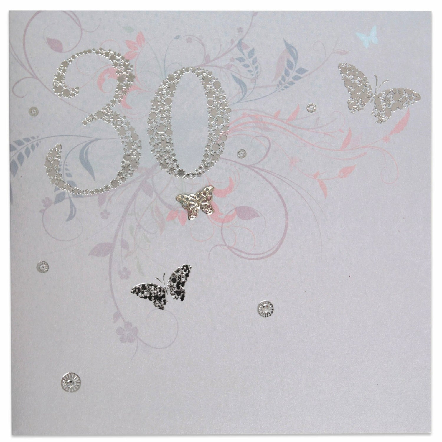 Sparkling New Decade Elegant 30th Birthday Card with silver foil butterflies and floral designs, close up view of front.