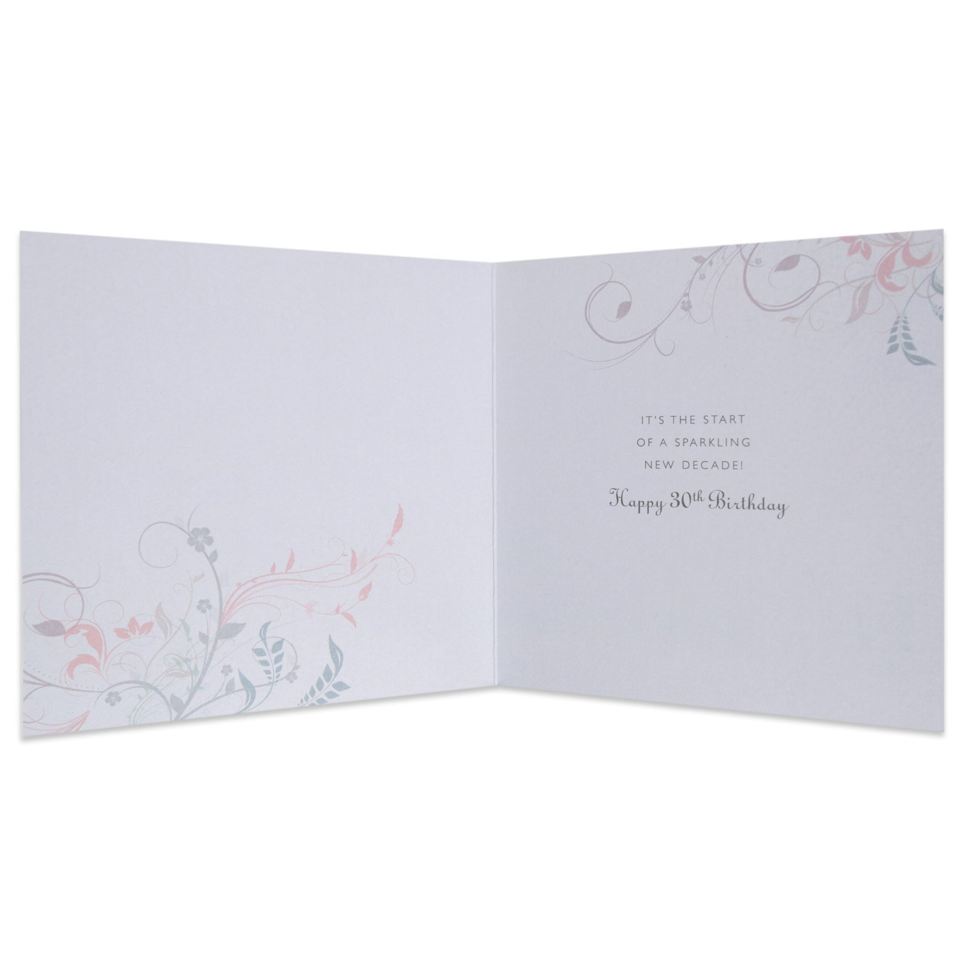 Sparkling New Decade Elegant 30th Birthday Card interior design with floral motifs and celebratory message in soft pastel colours.