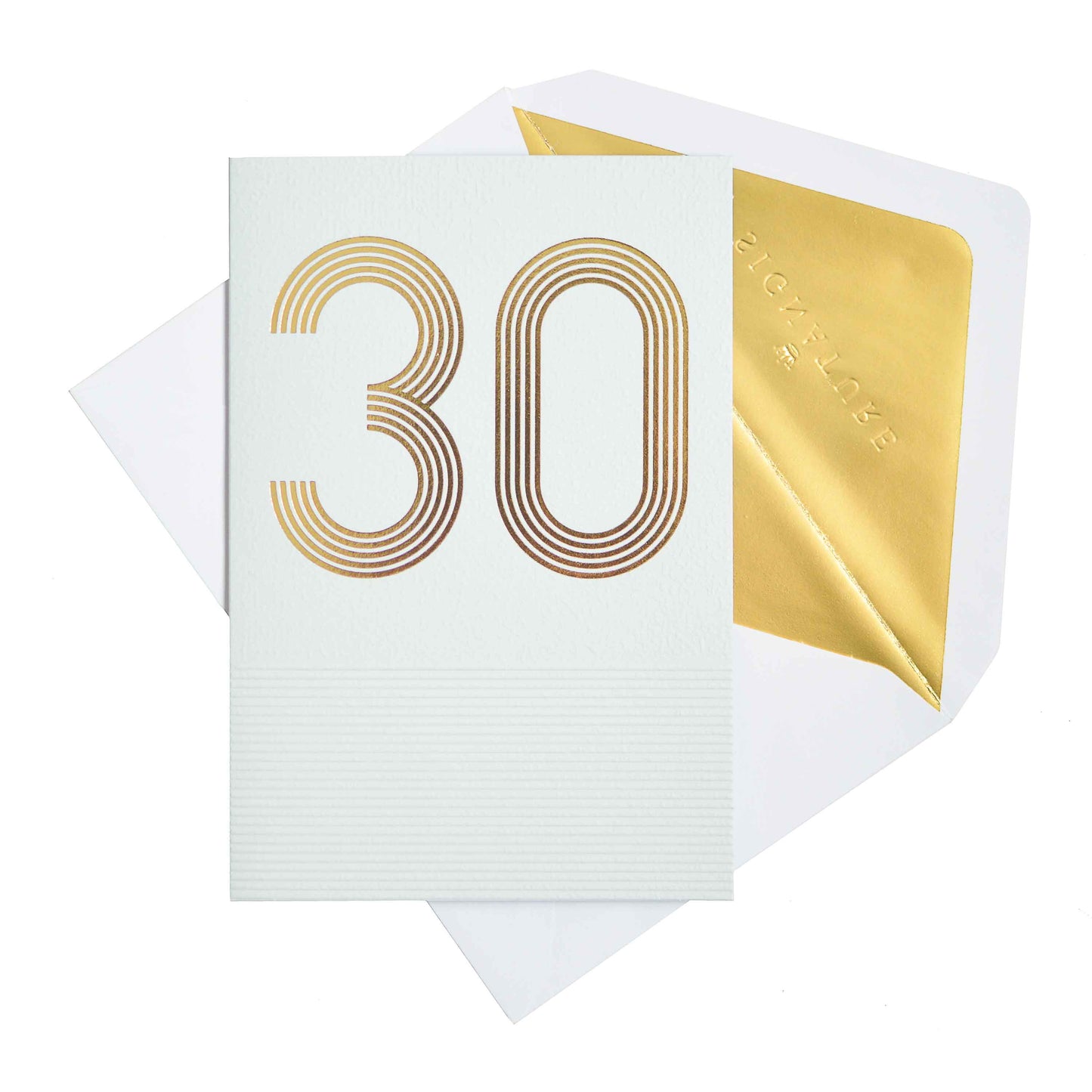Signature Studio 30th Birthday Card - Same Great You! in white with gold foil '30', paired with a gold-lined envelope.