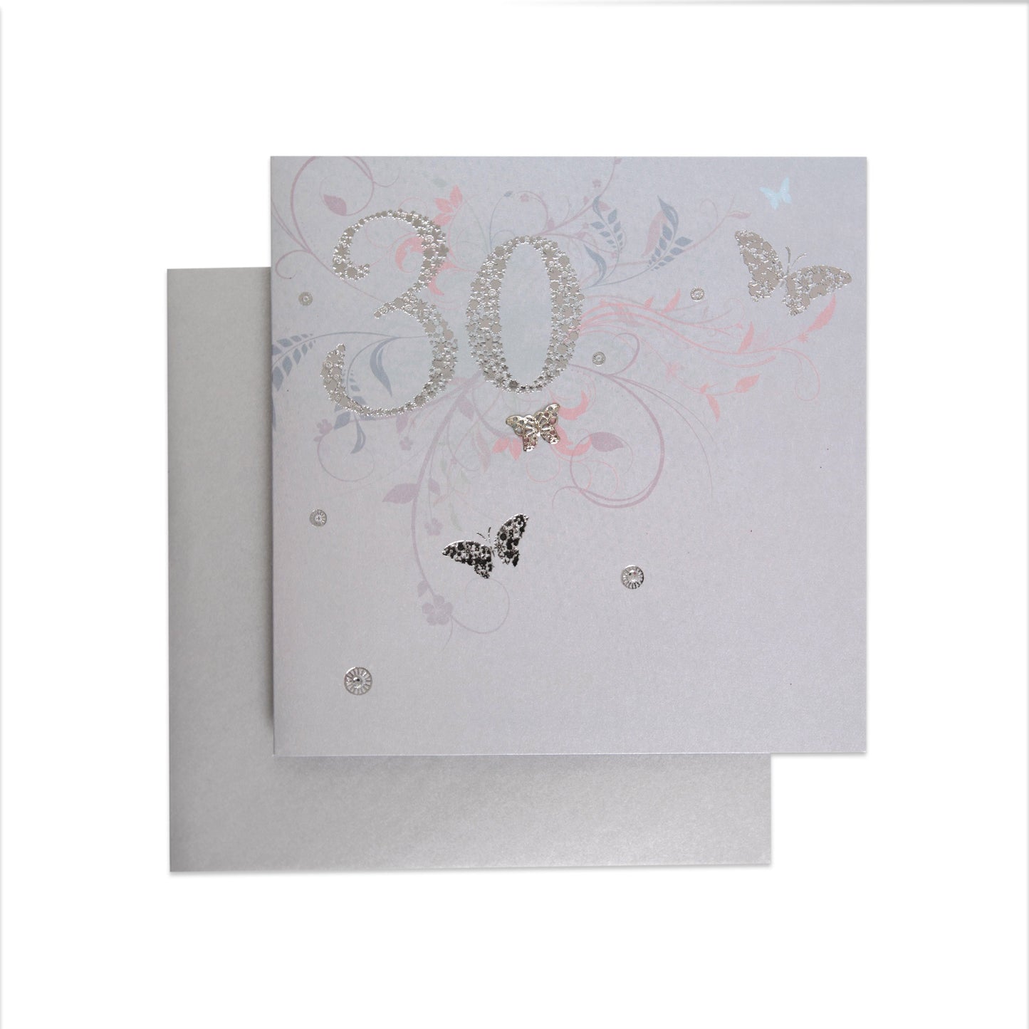 Sparkling New Decade Elegant 30th Birthday Card featuring floral flourishes, butterflies, and metallic details, flat lay view with envelope.